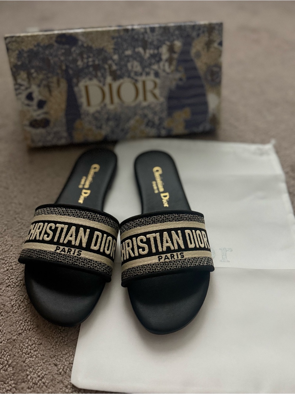 Dior Black and Beige Christian Dior Slide Sandals